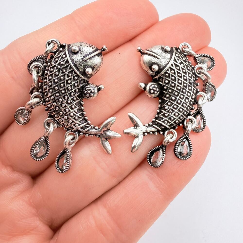 Tribal Fish Earrings Dangle Blue Crystals Boho Ethnic Oxidized Silver Tone